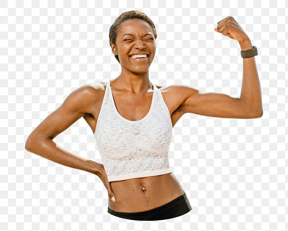 Png happy black woman flexing, isolated collage element, transparent background