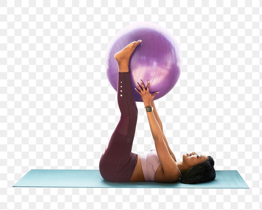 Png woman using fitness ball, isolated collage element, transparent background