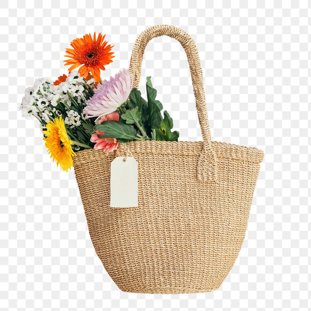 Bouquet shopping bag png collage element, transparent background