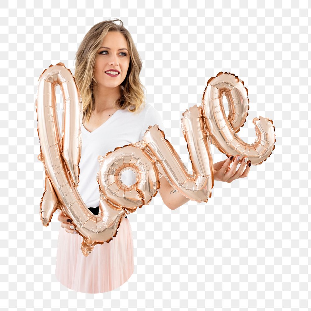 Woman holding love balloons png, transparent background