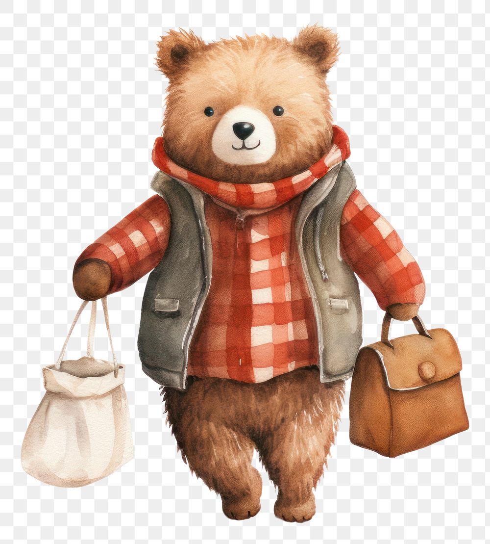 PNG Bear waring shirt carrying a bag cute toy representation. AI generated Image by rawpixel.