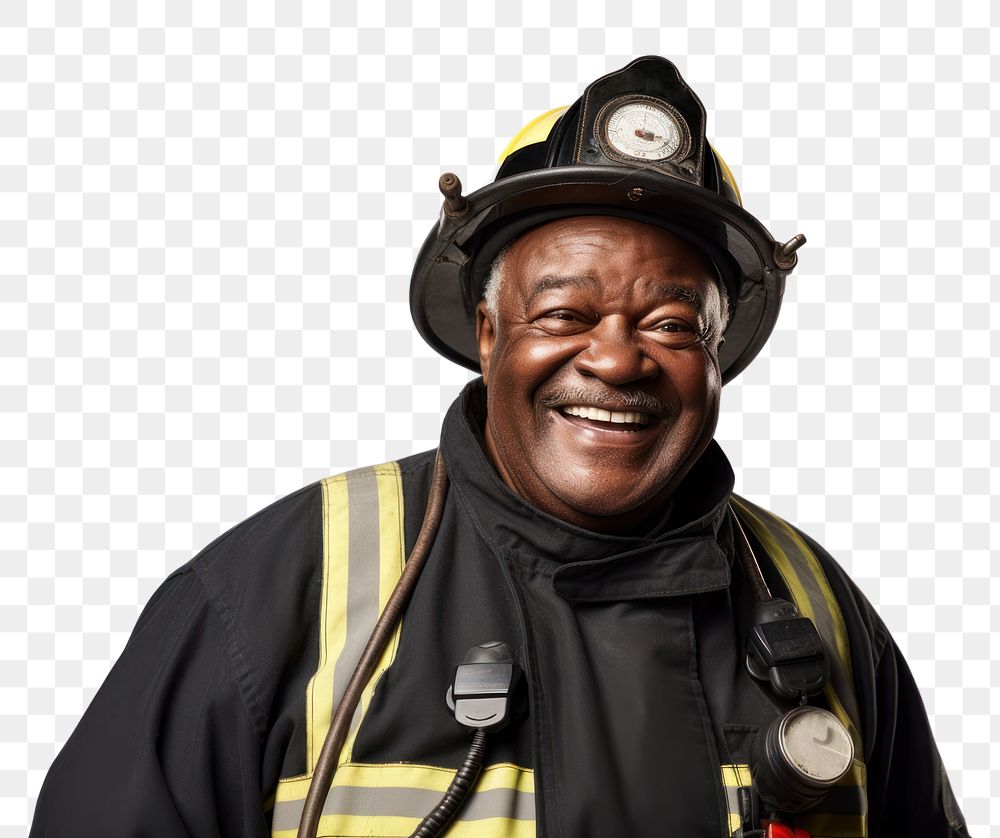 PNG Black Senior firefighter smiling helmet adult. AI generated Image by rawpixel.