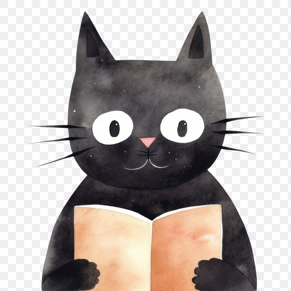 PNG Black cat read a book cartoon mammal animal. 