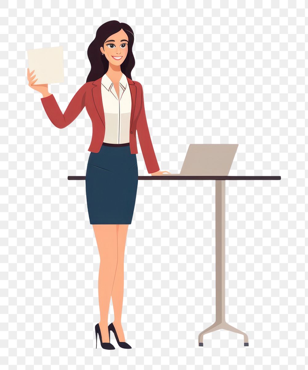 PNG  Female office worker presenting standing computer table. AI generated Image by rawpixel.
