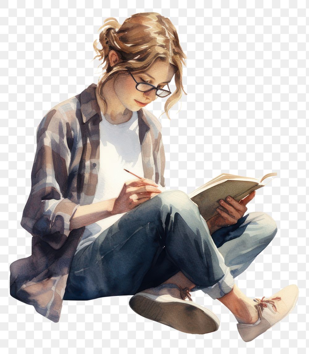 PNG  Sitting reading white background cross-legged. AI generated Image by rawpixel.