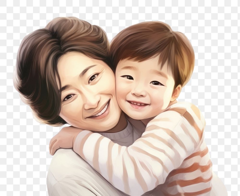 PNG Asian kid hug smiling mother portrait hugging adult. AI generated Image by rawpixel.