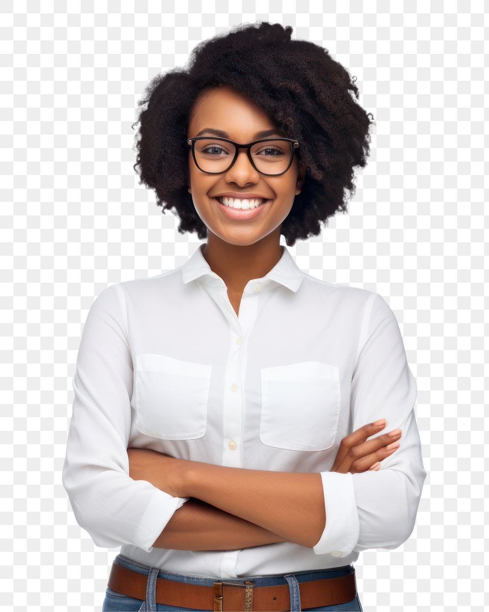 PNG  Happy young african woman casualy dressed standing portrait glasses adult. AI generated Image by rawpixel.