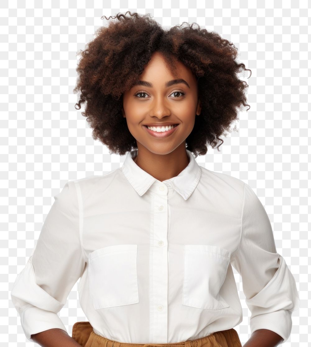 PNG  Happy young african woman casualy dressed standing portrait sleeve blouse. AI generated Image by rawpixel.