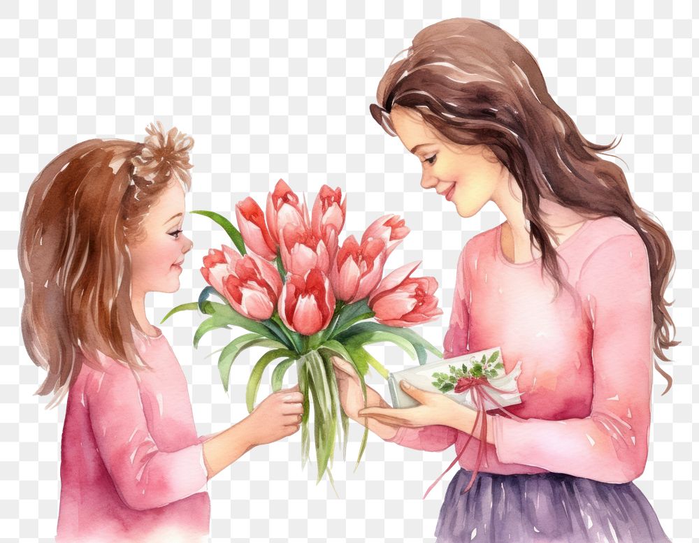 PNG Child daughter congratulates flower adult plant. AI generated Image by rawpixel.