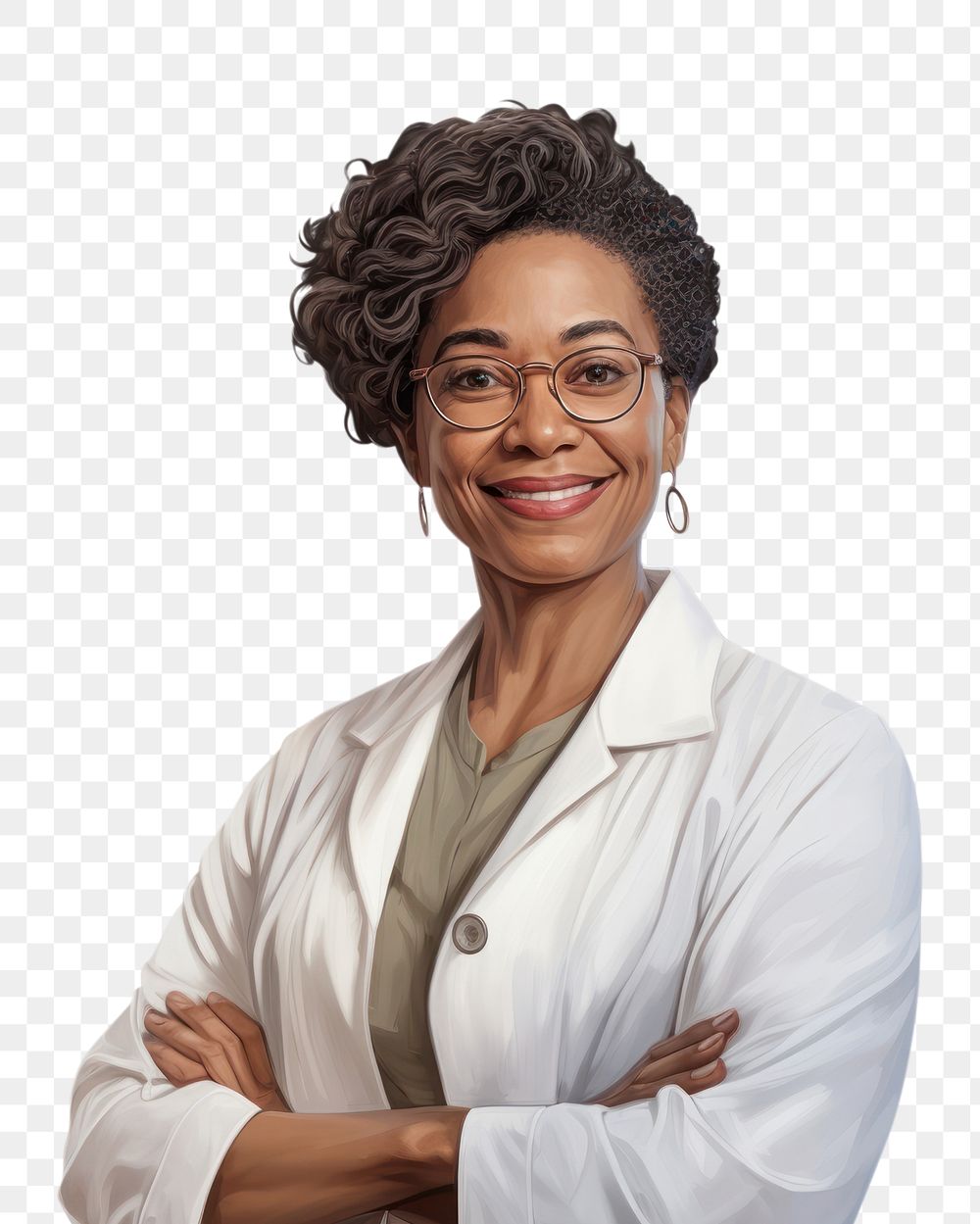 PNG  Black female doctor smiling portrait glasses adult. AI generated Image by rawpixel.