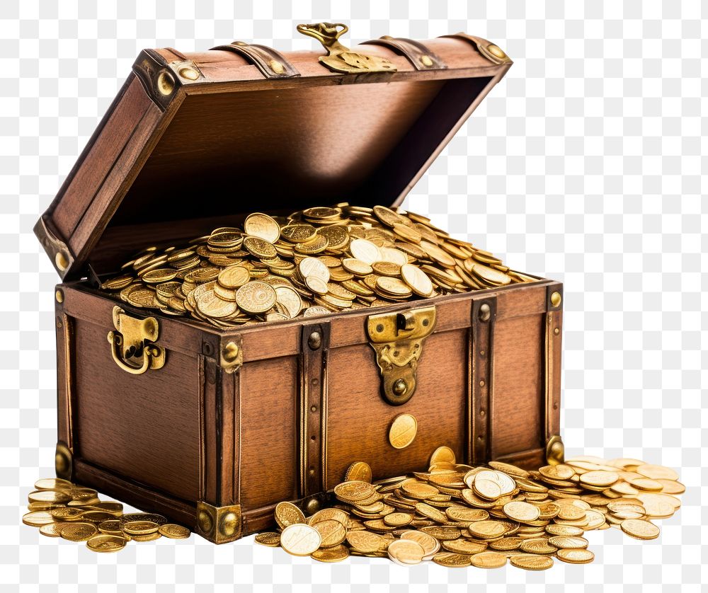 PNG Gold coins inside a treasure chest white background investment container