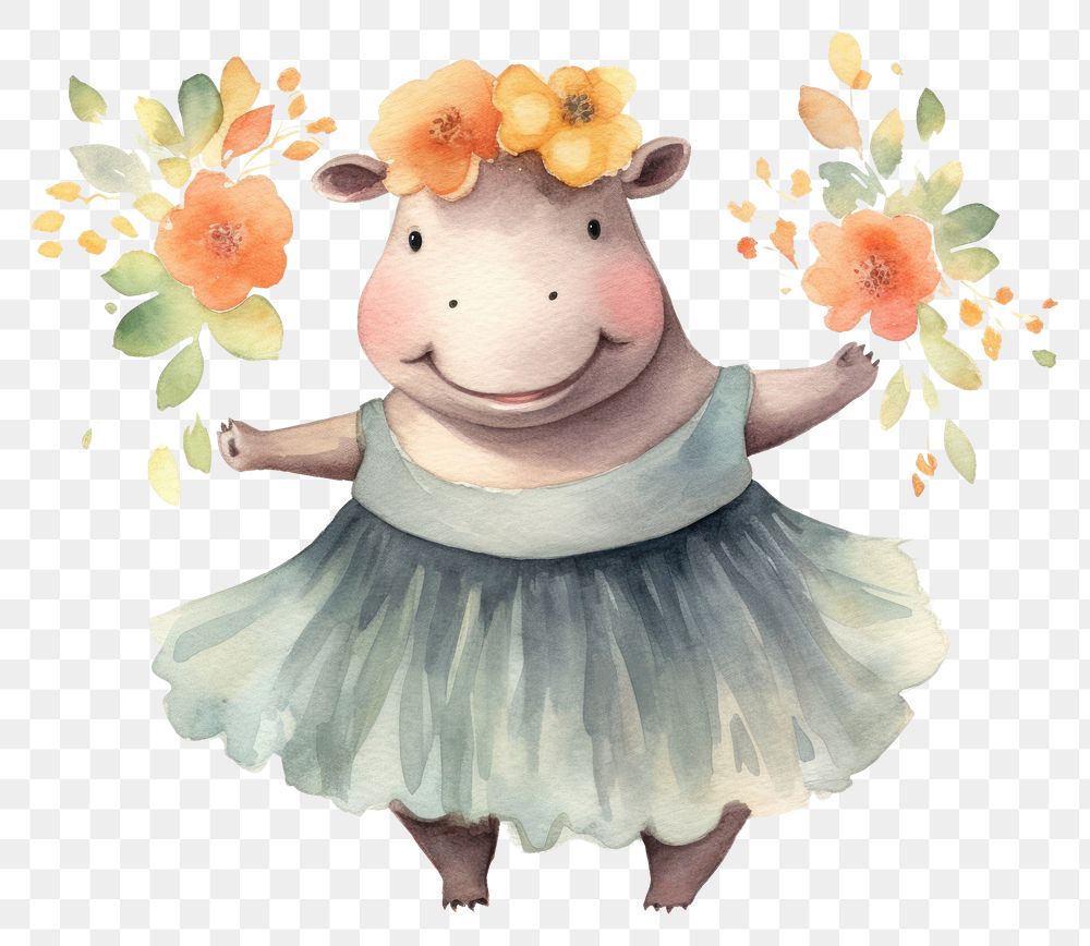PNG Dancing hippo cartoon flower cute. AI generated Image by rawpixel.