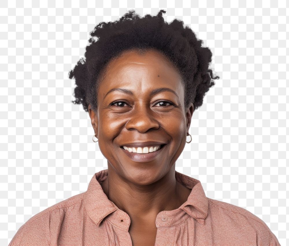PNG  Smiling middle aged african woman portrait smiling adult. AI generated Image by rawpixel.