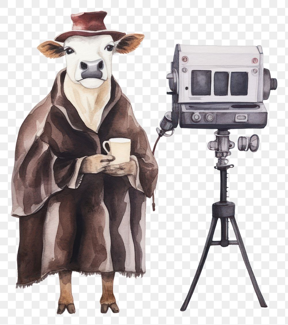 PNG Cow standing holding movie camera tripod white background photography. 