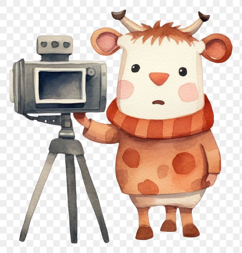 PNG Cow standing holding movie camera tripod animal white background. AI generated Image by rawpixel.