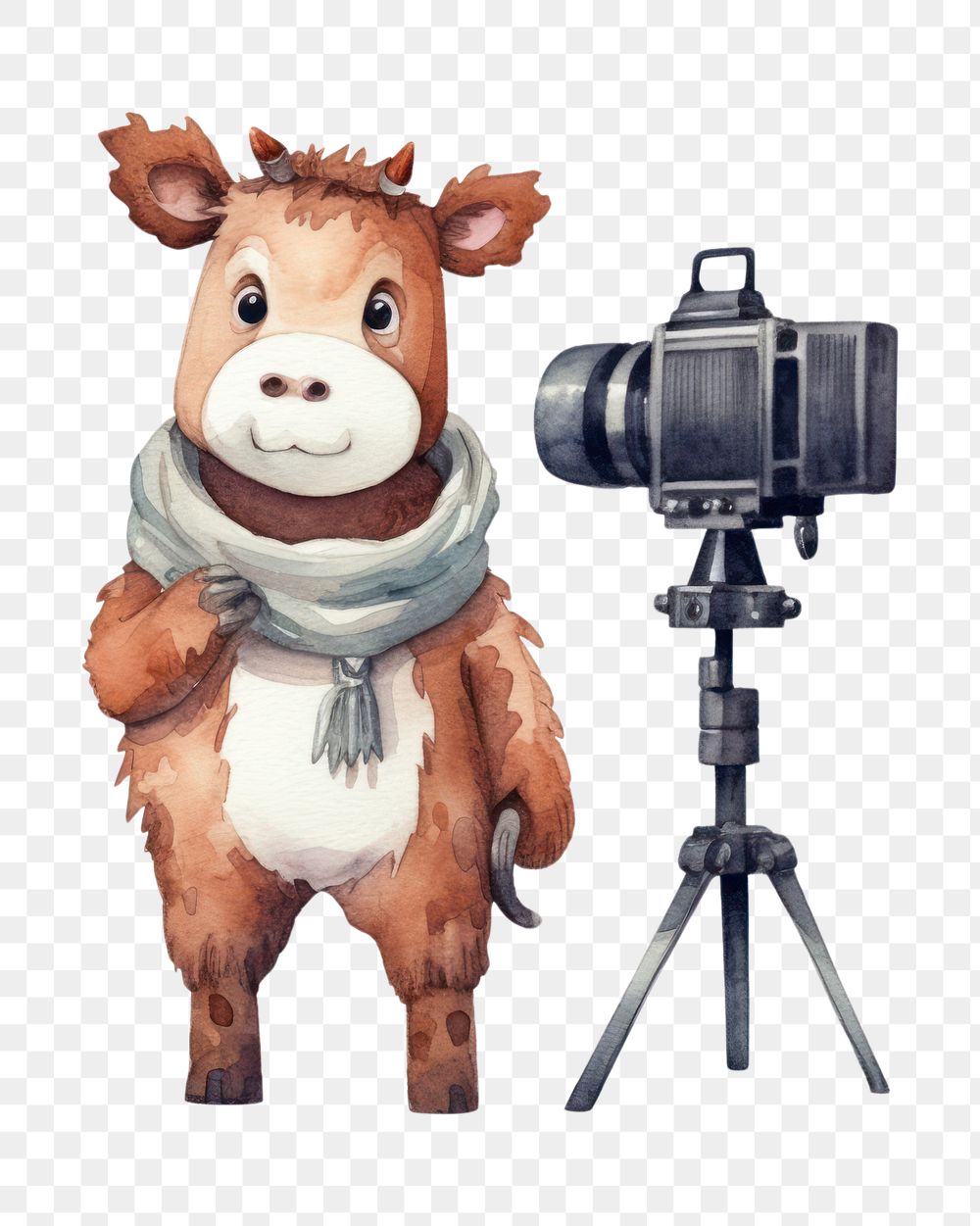 PNG Cow standing holding movie camera tripod animal toy. 