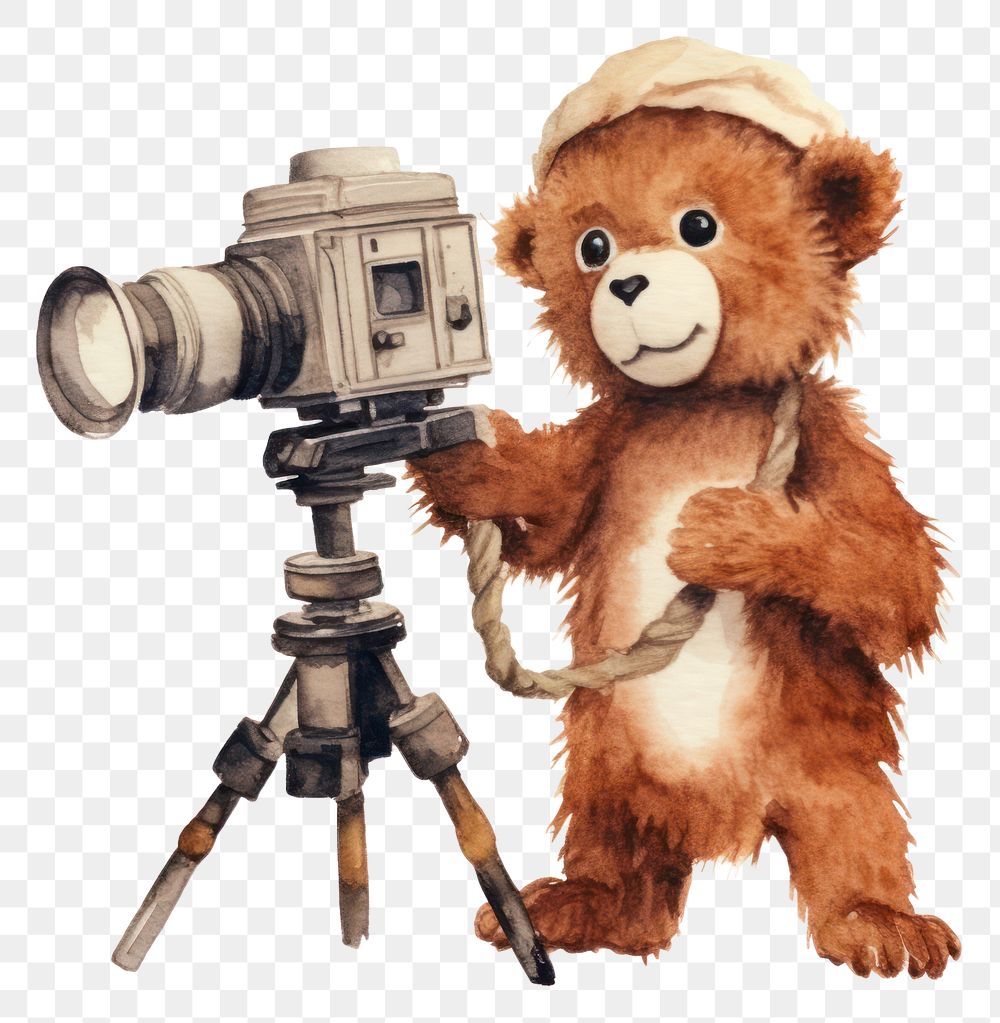 PNG Monkey standing holding movie camera tripod cute toy. 