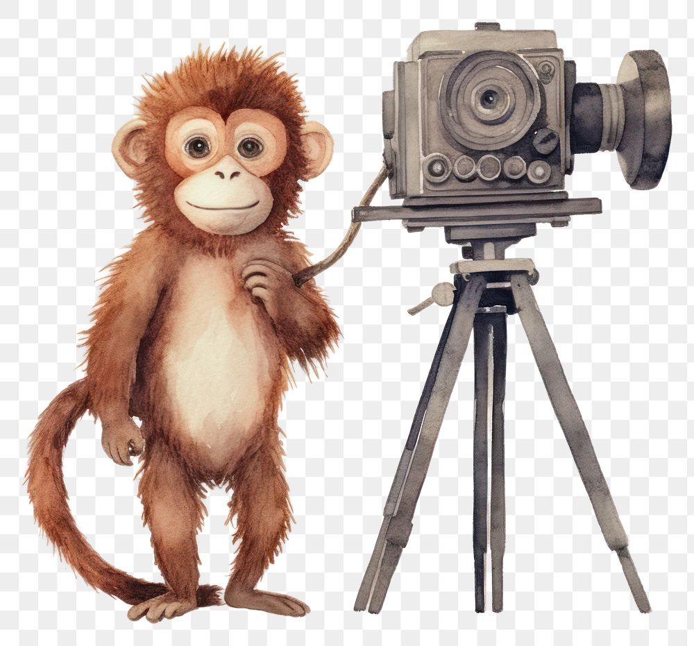 PNG Monkey standing holding movie camera tripod mammal animal. AI generated Image by rawpixel.