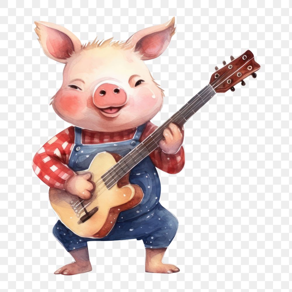 PNG Pig playing guitar cartoon cute performance. 