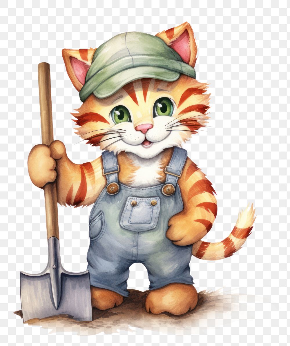 PNG Baby cartoonish tiger farmer holder farmer hoe animal white background representation. AI generated Image by rawpixel.