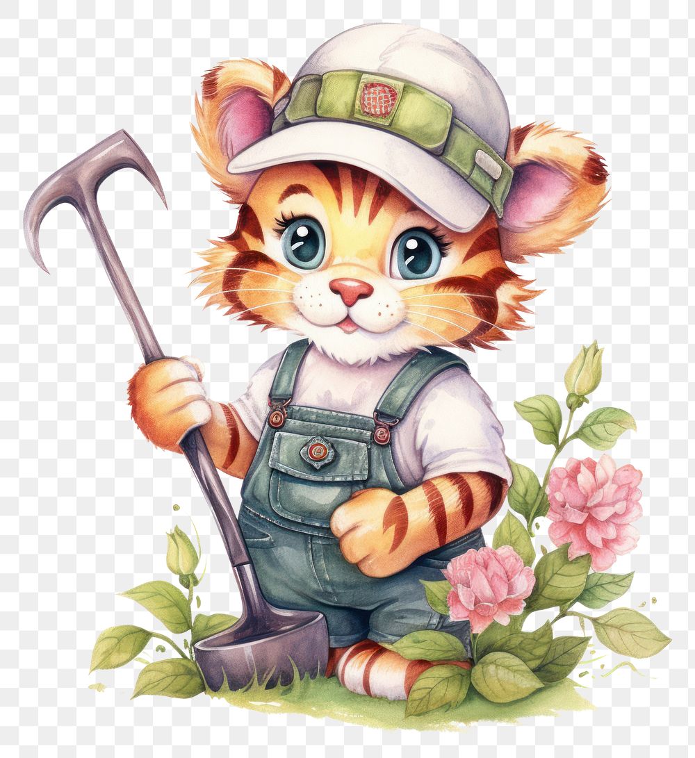 PNG Baby cartoonish tiger gardener nature white background creativity. AI generated Image by rawpixel.