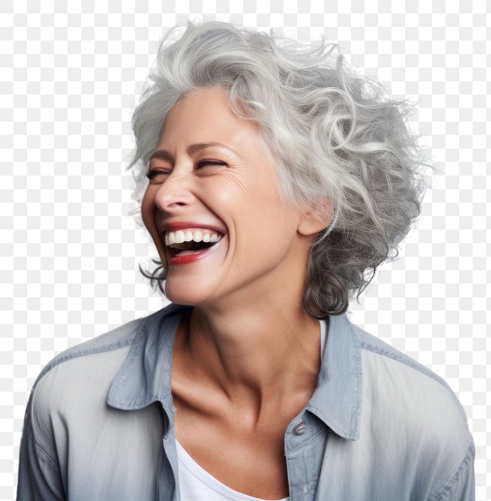 PNG Senior model woman laughing portrait smiling. AI generated Image by rawpixel.