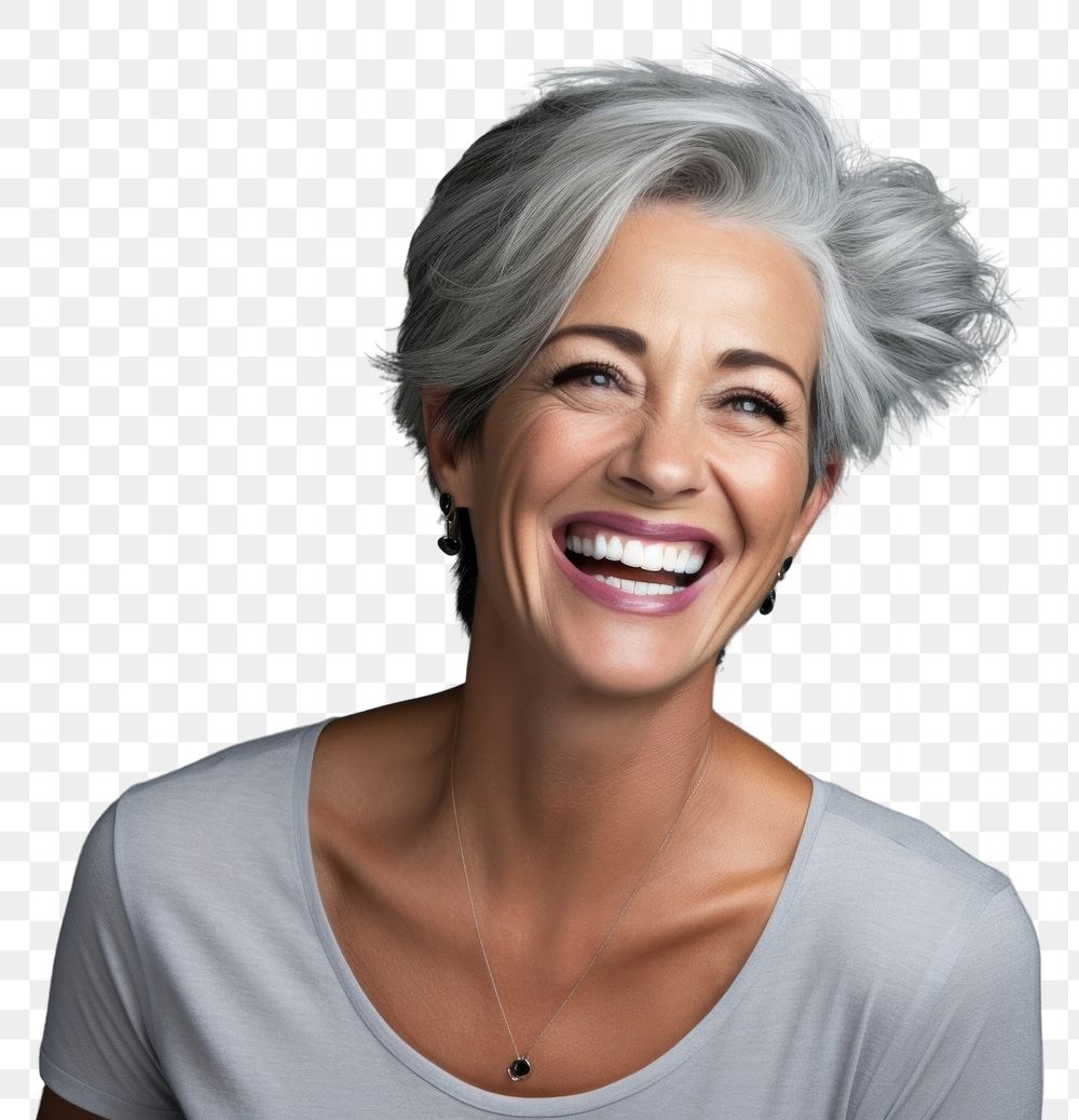PNG Senior model woman laughing portrait smiling. AI generated Image by rawpixel.