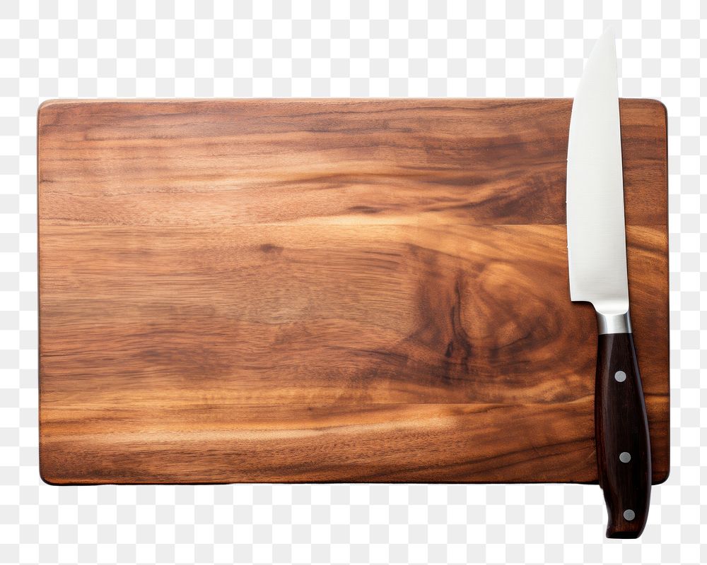 PNG Photograph of *a knife placed on wooden cutting board*, kitchen utensils, knife, clean and sharp, rectangilar cutting…