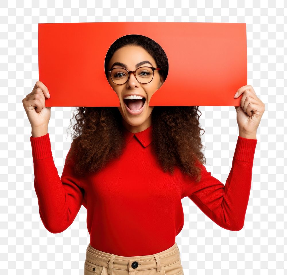 PNG  Woman holding a Sale banner glasses adult happy. AI generated Image by rawpixel.