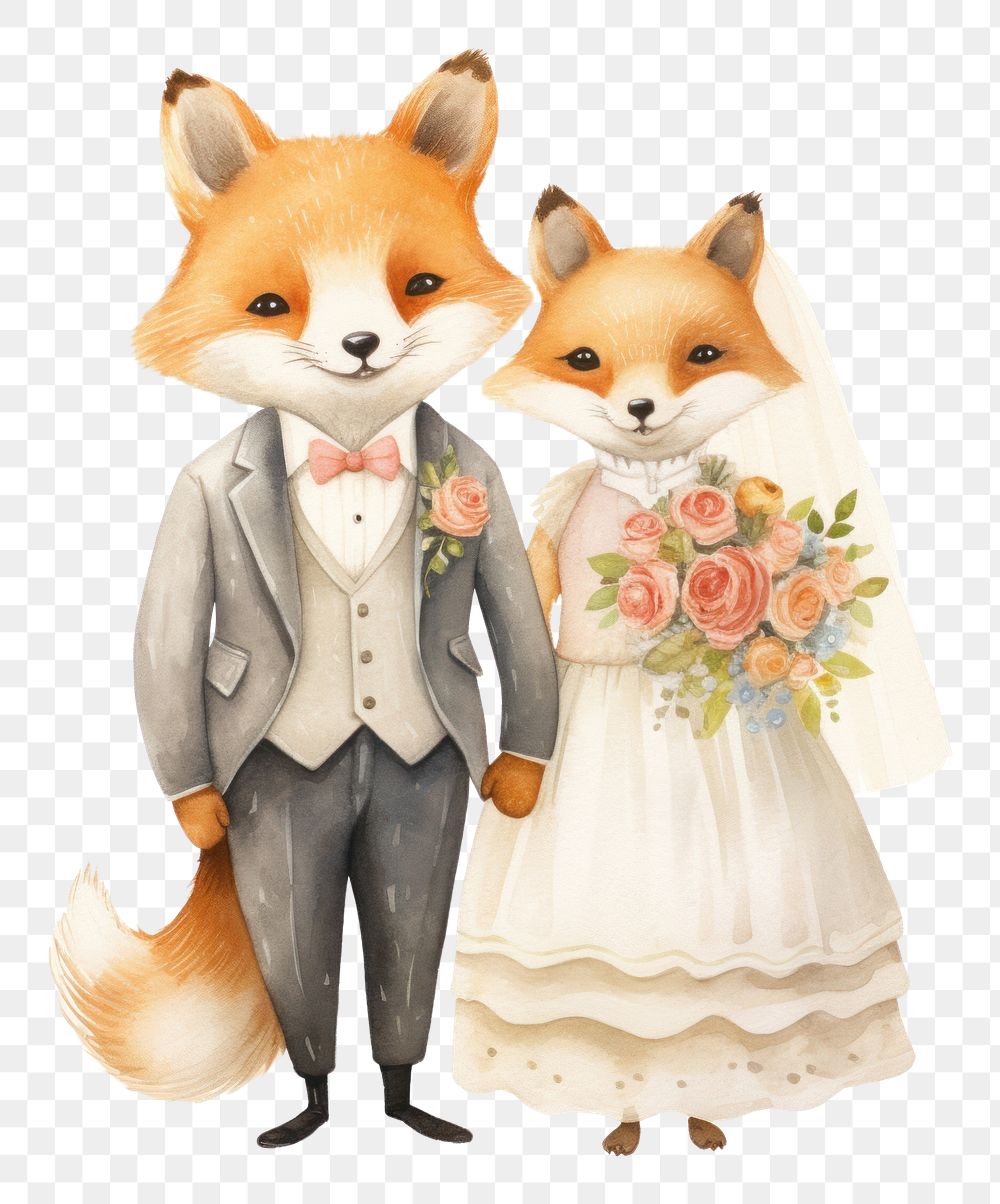 PNG  Couple fox costumes wedding dress drawing mammal animal. AI generated Image by rawpixel.
