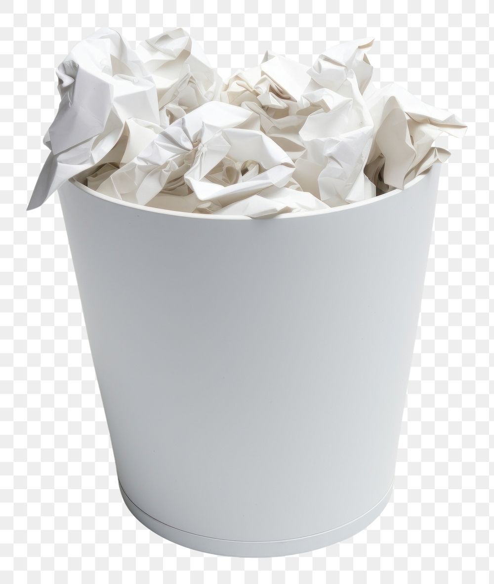 PNG white garbage bin with crumpled paper. AI generated image by rawpixel.
