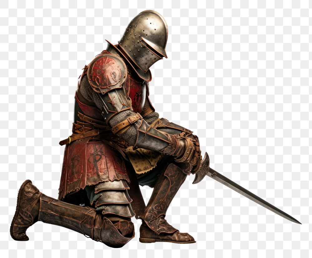 PNG Knight holding shield kneeling weapon helmet. .