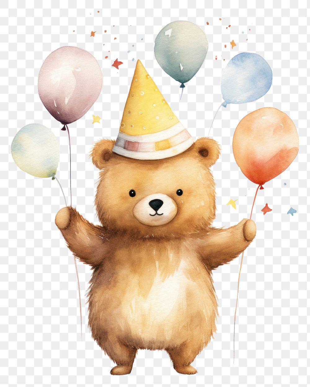 PNG Cute bear character wearing party hat celebration balloon mammal. AI generated Image by rawpixel.