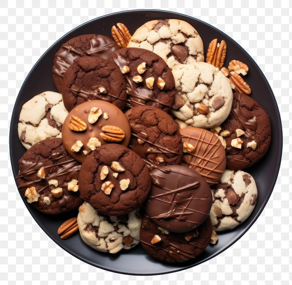 PNG  Delicious chocolate cookies arrangement dessert plate food. AI generated Image by rawpixel.