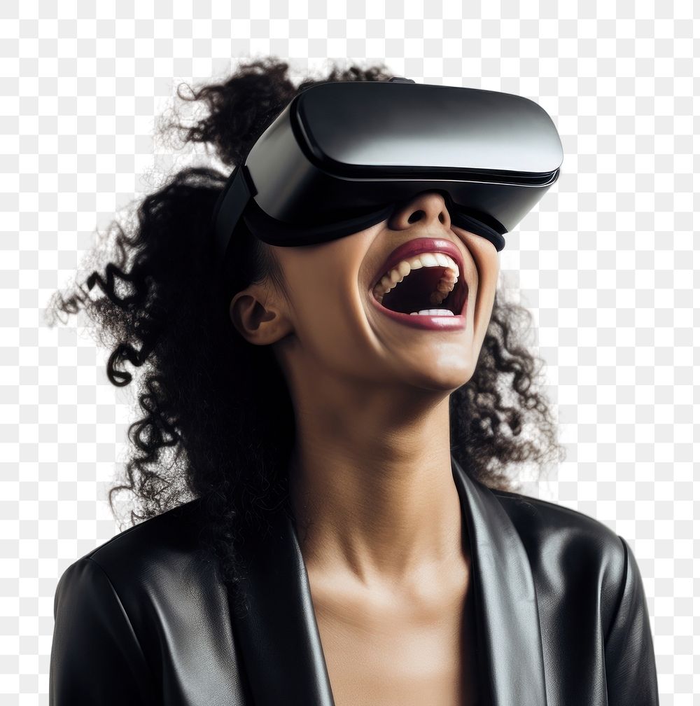 PNG Woman wearing VR glasses technology hairstyle happiness. 