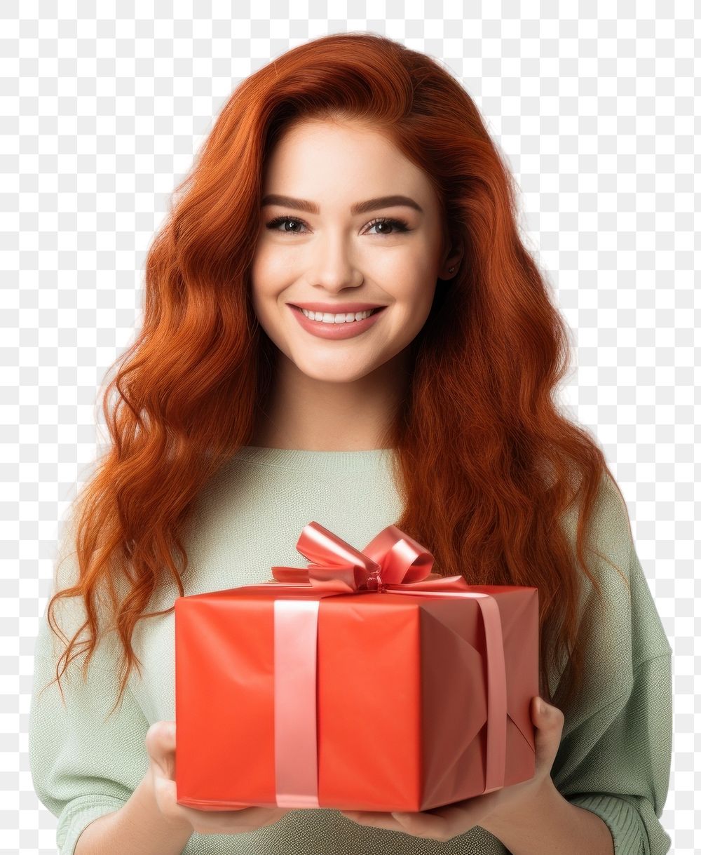 PNG Red hair girl smiling hugging a big gift box birthday celebration anniversary. 