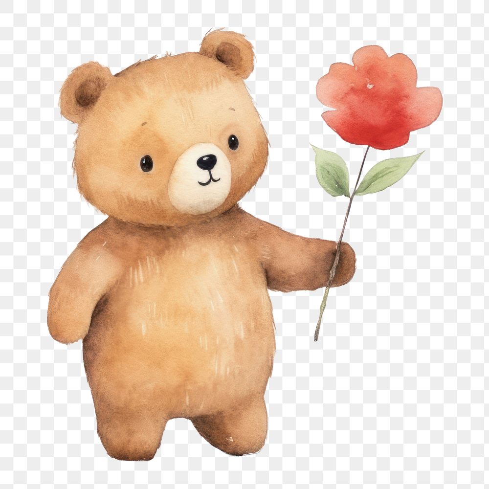 PNG Bear holding flowers toy white background representation. 