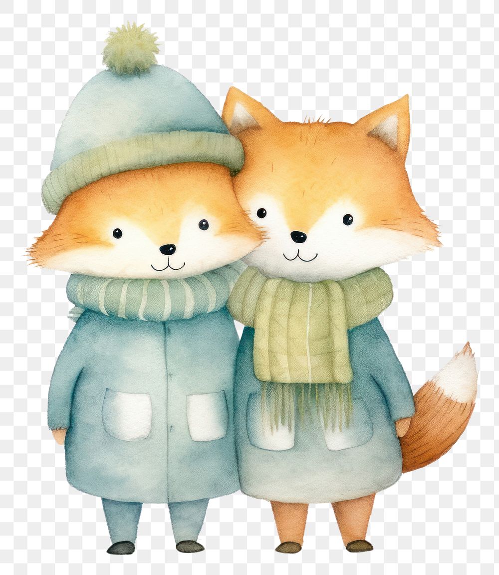 PNG Foxes hugging cartoon winter nature. 