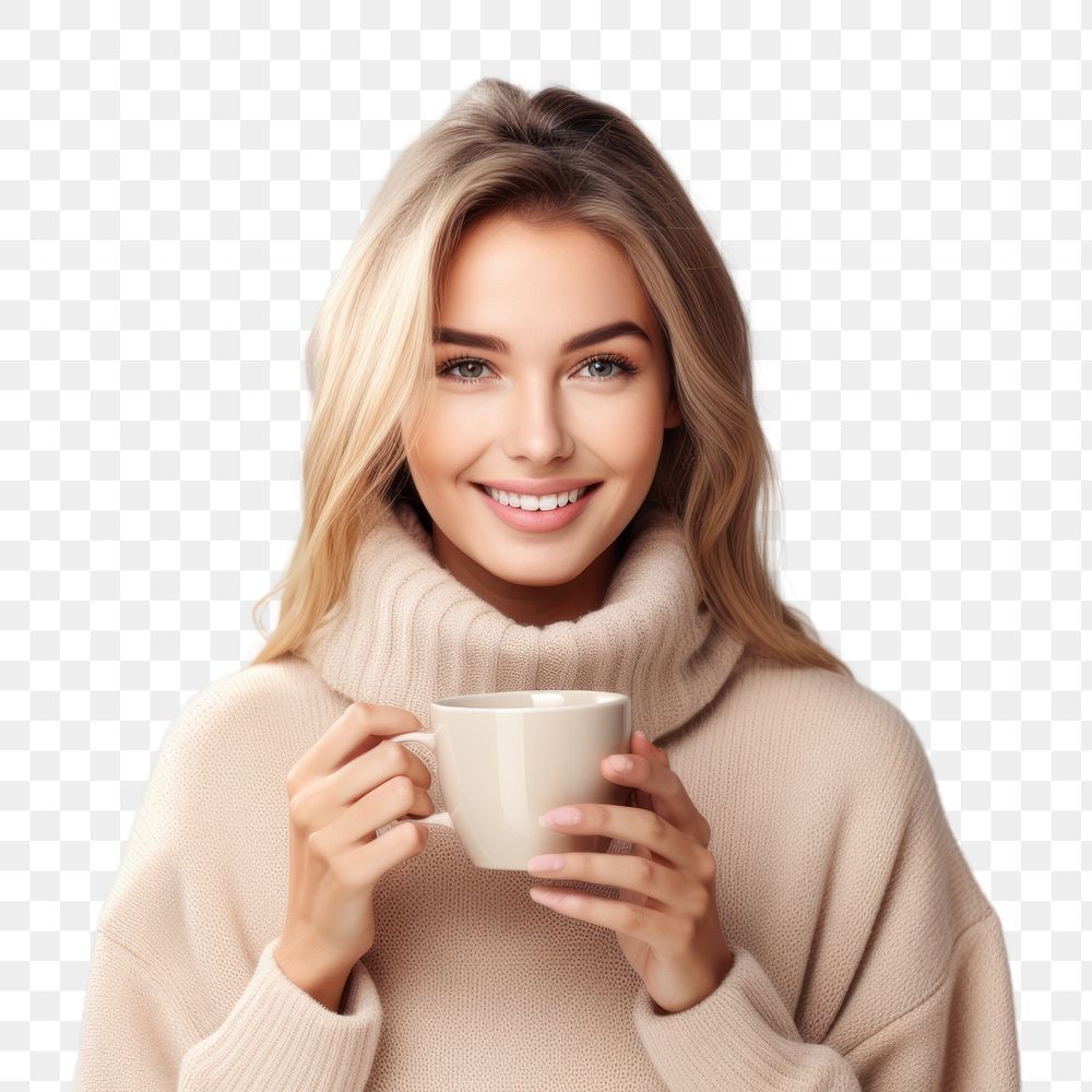 PNG Happy woman drinking portrait coffee. 