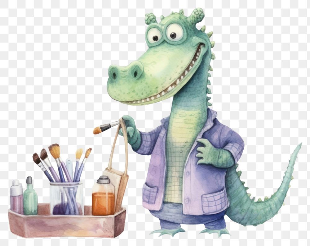 PNG Crocodile character holding Makeup tool animal white background representation. 