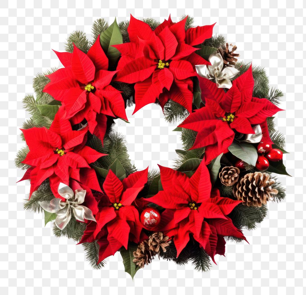 PNG Festive Christmas Pine Wreath With Poinsettias wreath christmas plant. AI generated Image by rawpixel.