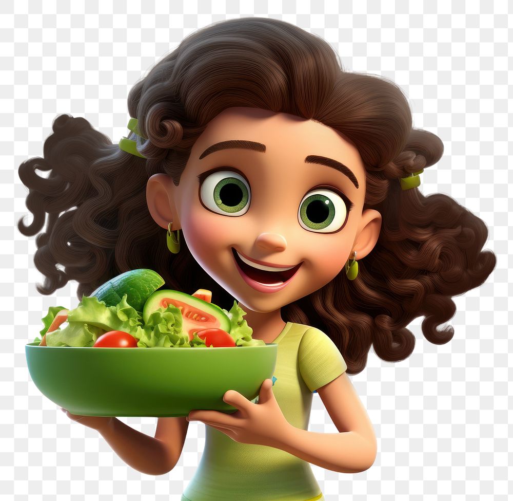 PNG 3d cartoon realistis girl eating salad food vegetable hairstyle. 