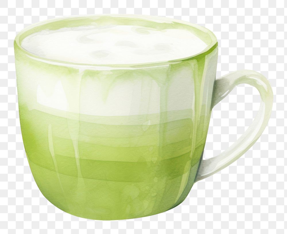 PNG Watercolor green tea milky saucer spoon drink. AI generated Image by rawpixel.