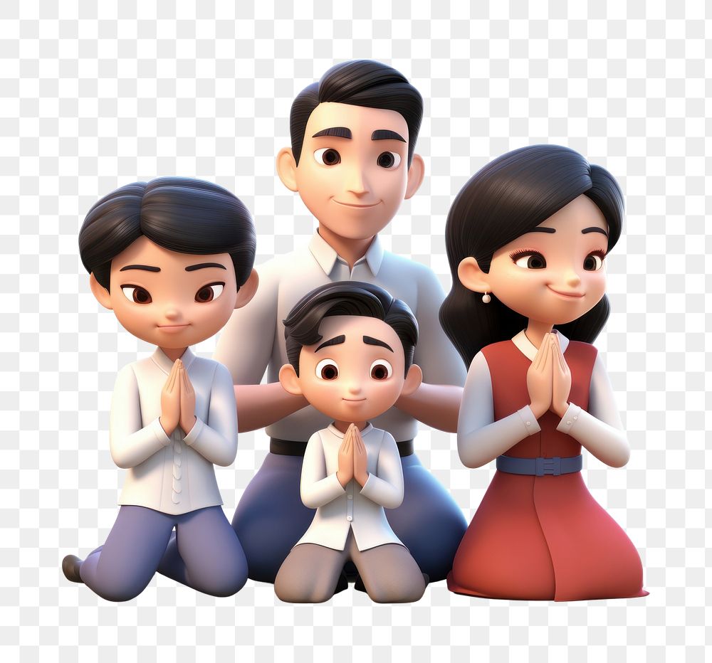 PNG Asian family praying 3d cartoon realistic figurine baby toy. AI generated Image by rawpixel.