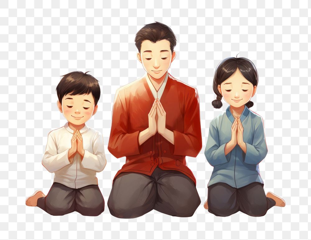 PNG Chinese family praying adult yoga cross-legged. AI generated Image by rawpixel.