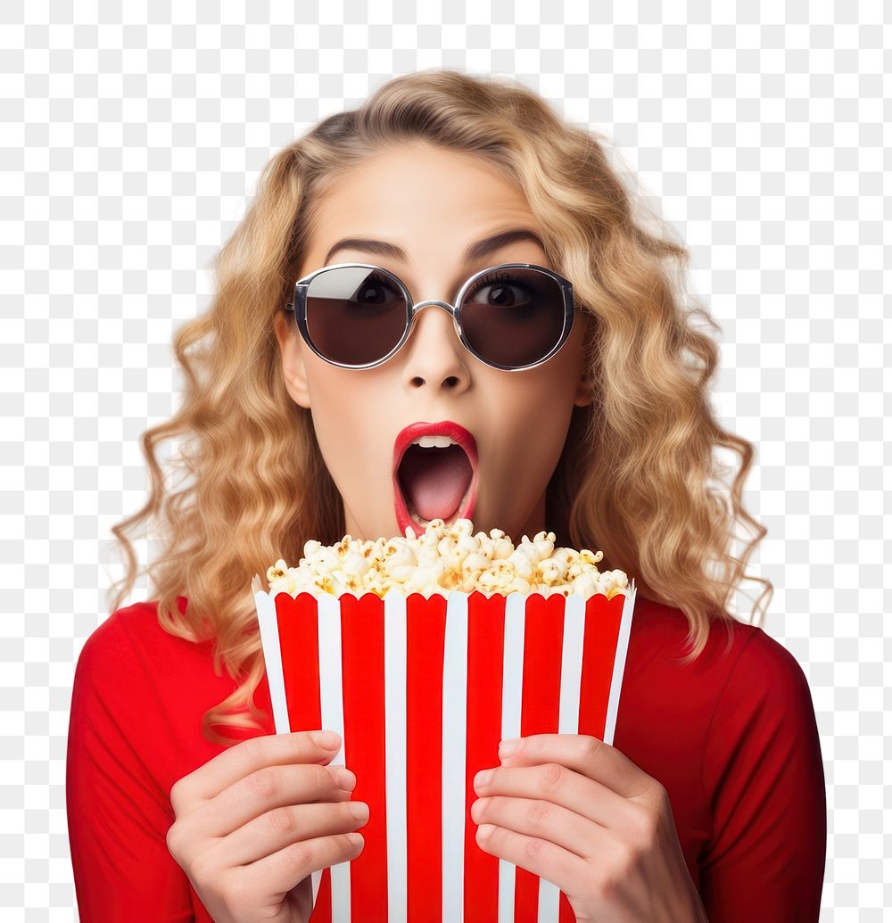 PNG A shocked young woman eating popcorn while watching movie white background hairstyle surprise. AI generated Image by…