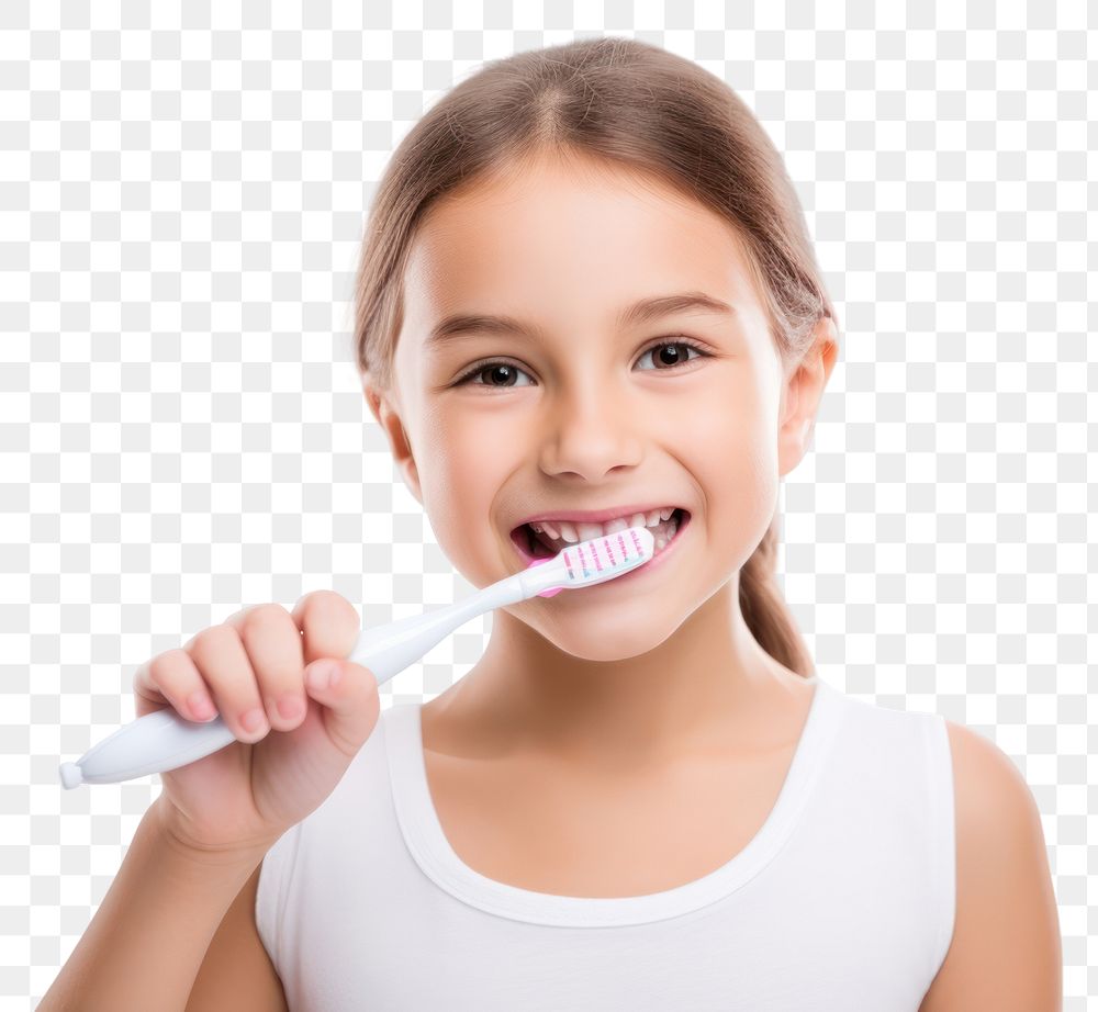 PNG  Female brushing teeth toothbrush portrait white background. AI generated Image by rawpixel.