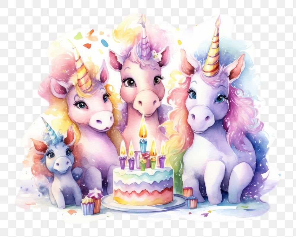 PNG Unicorn family celebrating birthday dessert cartoon mammal. AI generated Image by rawpixel.