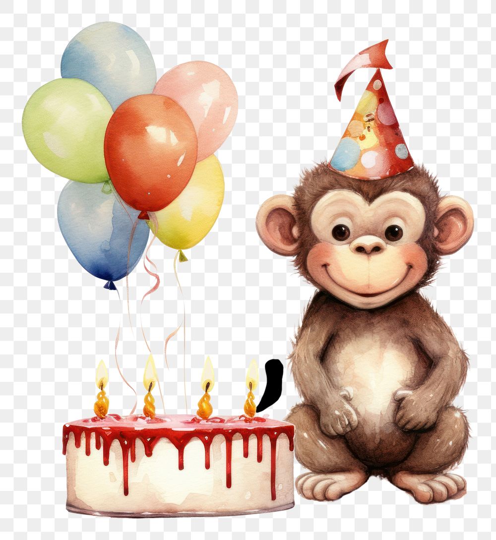 PNG Monkey celebrating birthday balloon dessert cartoon. AI generated Image by rawpixel.
