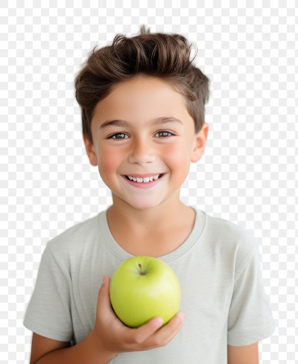 PNG Green apple portrait smiling holding. AI generated Image by rawpixel.
